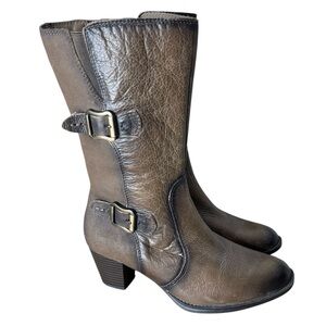 EARTH New Larch Boots Brown Taupe Leather Mid Calf Inner Zipper Buckles Heel 8